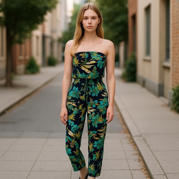 Mudd Women’s Blue & Teal Green Tropical Floral Strapless Jumpsuit Romper Sz XS - Picture 1 of 16